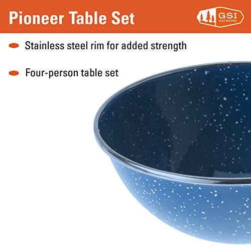 GSI Outdoors Pioneer Enamel 12 Pieces (4-Person) Dish Set I Enamelware Dishes Including Plates, Bowls and Mugs for Camping, Outdoors, RV, Camp, Blue - color: Blue