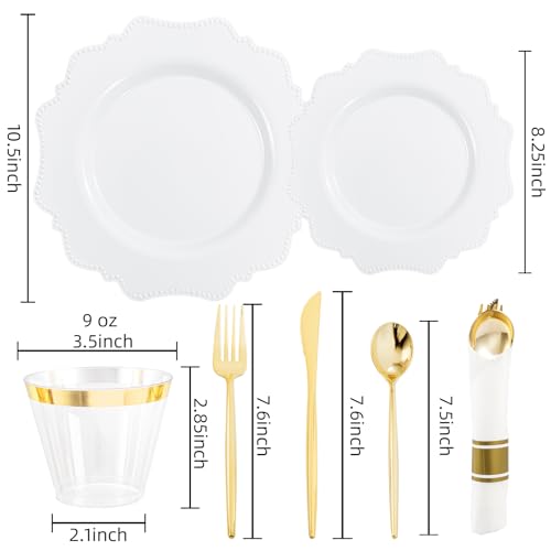 COLOSUS 350pcs White Plastic Plates Disposable Gold Cutlery Dinnerware set for party: 50 Dinner Plate, 50 Dessert Plate, 50 Per Rolled Napkins with Gold Silverware, 50 Cups 9 OZ for New Year - color: White
