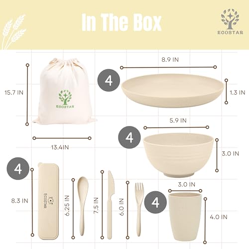ECOSTAR Wheat Straw Dinnerware Sets Unbreakable Plates Bowls and Cups Reusable Utensils Dishwasher Microwave Safe Bowls and Plates Sets (Beige) - color: Beige