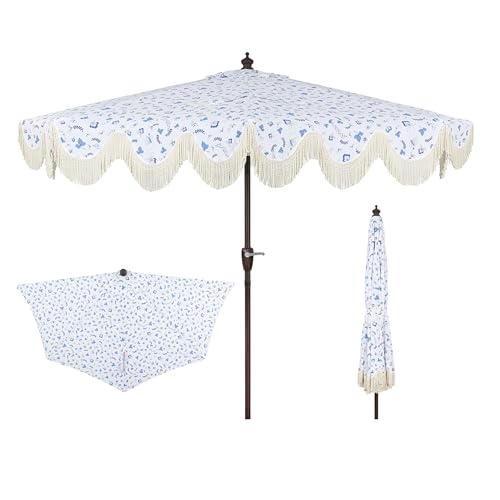 JONATHAN Y Half Umbrella UMB1201G Beverly 9 ft. Designer Classic Scalloped Fringe Market Patio with Crank, Push Button Tilt and UV Protection in Blue/White/Cream - color: Blue/White