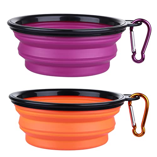 Dog Bowl Pet Collapsible Bowls, 2 Pack Collapsible Dog Water Bowls for Cats Dogs, Portable Pet Feeding Watering Dish for Walking Parking Traveling with 2 Carabiners (Small, Orange+Purple) - color: Orange+Purple, size: Small