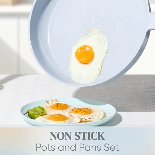 CAROTE Ceramic Cookware Set Nonstick, 14pcs Pots and Pans Set Nonstick, Non-Toxic & PFAS-Free, Dishwasher, RV/Camping Cookware Set, Cooking Pots with Lids, Pastel Blue - color: Light Blue
