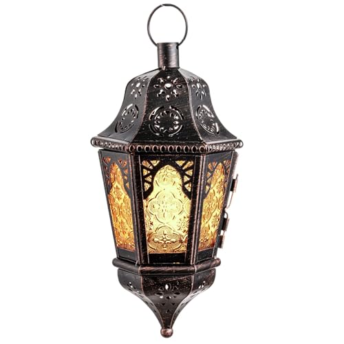 Ramadan Lantern Decorative Indoor & Outdoor, 13.6’’ Vintage Decorative Hanging Lanterns with Chian for Home Porch Patio Decor, Metal Christmas Moroccan Candle Holder Decorations (Amber) - color: Amber