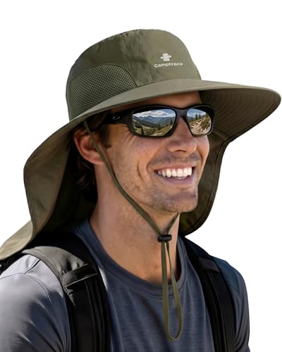 Camptrace Sun Hats for Women Men UPF 50+ UV Protection Wide Brim Hiking Fishing Hat with Neck Flap - color: Darkgreen