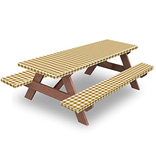 8ft Picnic Table and Bench Cover, Camping Essentials RV Gear, 96 in Waterproof Windproof Outdoor Elastic All Around Tablecloth, Fitted Rectangle Tables and Seats, Coffee-White Checkered - color: Coffee-white Checkered, size: 96"