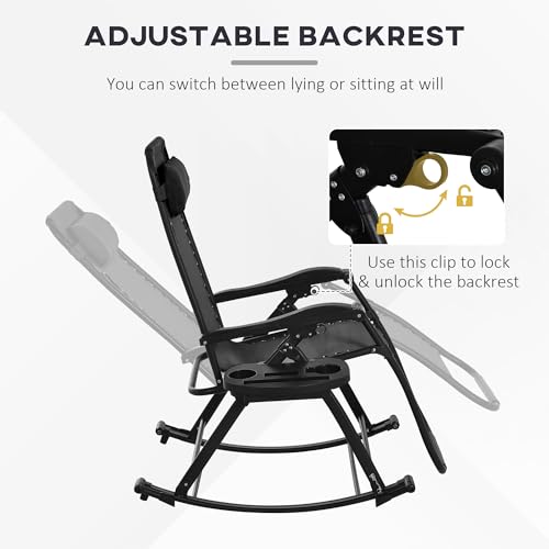 Outsunny Set of 2 Outdoor Rocking Chairs, Foldable Reclining Zero Gravity Lounge Rocker with Pillow, Cup & Phone Holder, Combo Design with Folding Legs, Black - color: Black, size: 2 Packs