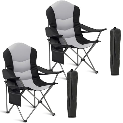 2 Pack Folding Camping Chairs for Adults - High Back Padded Outdoor Lawn Chairs with Lumbar Support & Cup Holder, 400lbs Heavy Duty Portable Camping Chairs Set (Light Black & Gray, 2 PCS) - color: Light Black & Gray, size: 2 Pcs