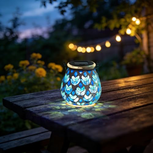 Stargarden Mosaic Solar Lanterns, Table Lamp for Garden ,Patio,Yard Decor Blue Glass Hanging Lantern Waterproof Outdoor Hanging Solar Lights - color: Blue