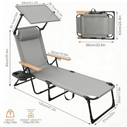 Folding Lounge Chair with Canopy, Tanning Chair with 4-Position Reclining Back, Folding Sun Lounger, Outdoor Lounge Chair for Beach, Poolside, Backyard, Camping, UPF 50+ Sun Shade, 300 LBS - color: Grey With Sunshade