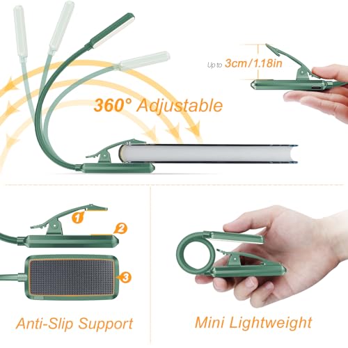 Gritin 9 LED Rechargeable Book Light for Reading in Bed - Eye Caring 3 Color Temperatures,Stepless Dimming Brightness,80 Hrs Runtime Small Lightweight Clip On Book Reading Light for Studying-Green - color: Green