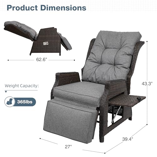 Outdoor Indoor Wicker Recliner with Adjustable Back and Footrest, Patio Reclining Chair with Flip-up Table, Outdoor Rattan Lounge Chair, Grey 2PCS - color: Grey, size: 2PCS
