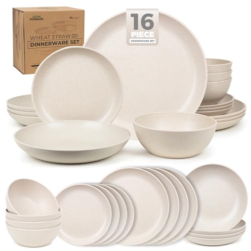 Grow Forward 16-piece Premium Wheat Straw Dinnerware Sets for 4 - Unbreakable Dishwasher & Microwave Safe Plastic Plates and Bowls Sets - Patio, Outdoors, RV, Camping Dishes - Sahara - color: Sahara Beige