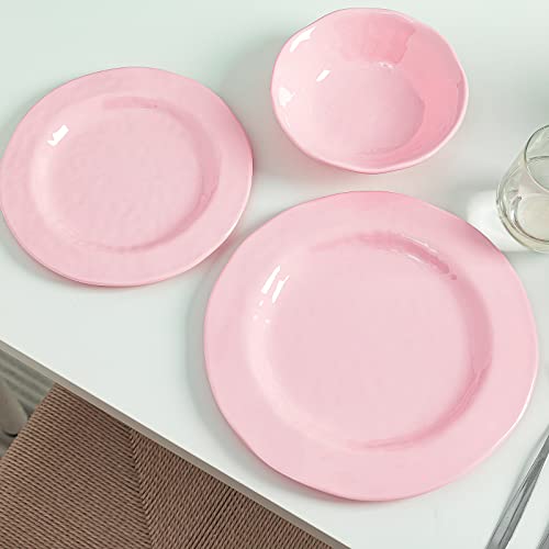LEHAHA Pink Dishes Melamine Dinnerware Sets, 12 Piece Kitchen Plates and Bowls Dinnerware Sets, Lightweight, BPA free Melamine Dishes for Girls, Valentine's Day, Mother's Day. - color: Pink