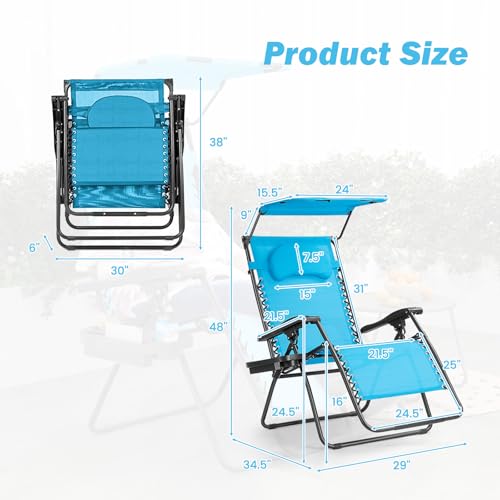 Goplus Zero Gravity Chairs, X-Large Folding Lounge Lawn Chair w/Canopy Shade & Cup Holder, Adjustable Folding Patio Recliner for Pool Porch Deck Oversize (Blue) - color: Blue Zero Gravity Chair