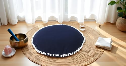 CRAFT KALA Meditation Floor Pillow Cover, Round Large Pillows Cover Seating for Adults, Bohemian Mandala Circle Cushions Cover for Outdoor Fireplace Yoga Living Room (Blue, 32" Round)