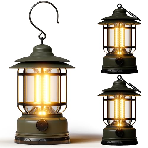 Portable LED Camping Lanterns,1500LM Step-less Dimming, Lightweight Retro Battery Powered USB Rechargeable Tent Lights,Survival Kits Flashlight for Power Outage Emergency Hiking Hurricane 3 Pack Green - color: Green