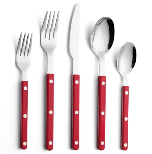 ANNOVA Silverware Set, Retro/Rivet Colorful Stainless Steel Tableware Kitchen Flatware Set Utensils, Includes Dinner Knives, Forks, Spoons, Salad Forks & Dessert Spoons (Red, 10 Pieces) - color: Red