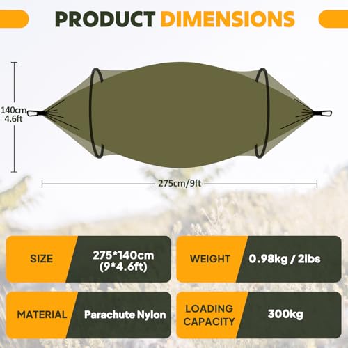 Chihee Ultra-Light Travel Camping Hammock Pop-up Net Hammock 660lbs Load Capacity,Breathable,Quick-Drying Parachute Nylon 2 Premium Carabiners,2 Tree Slings Included for Outdoor Backpacking Hiking - color: Army Green