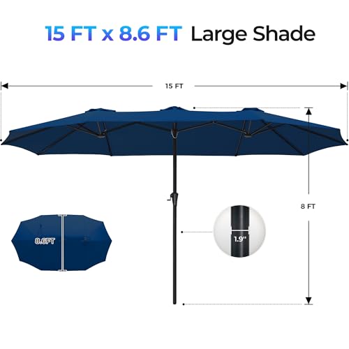 SUPERJARE 15FT Outdoor Umbrella for Patio, Double sided Pool Umbrellas with Fade Resistant Canopy, Large Table Umbrella for Deck, Market, Backyard - Navy Blue(No Base) - color: Navy Blue, size: 15FT
