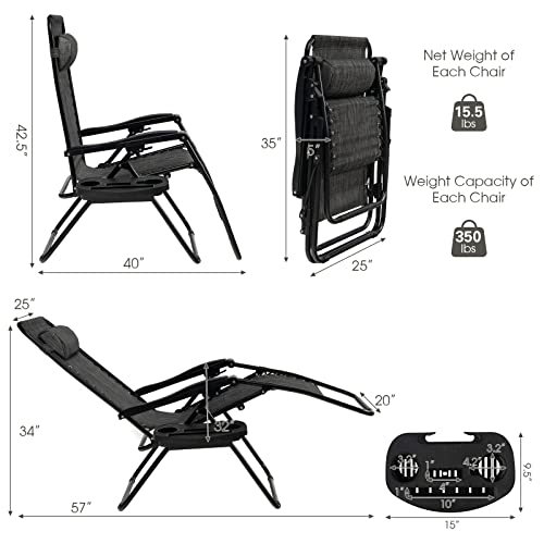 Goplus Zero Gravity Lounge Chairs, 160°Adjustable Folding Recliner w/Pillow and Cup Holder, 350LBS Comfy Outdoor Lounge Chairs for Patio, Lawn, Yard & Camp(Set of 2, Gray) - color: Grey, size: 35.4" x 25.2" x 43.3" (Set of 2)