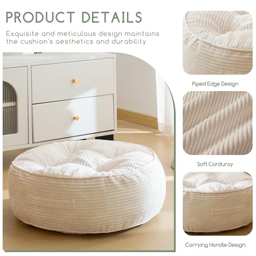 HIGOGOGO 8" Extra Thick Floor Pillow Cushion for Adults, Meditation Cushion Pillow, Large Round Floor Sitting, Tufted Corduroy Cover, for Tatami Living Room or Yoga, 22x22 Inch, 2Pack, Beige - color: Round Beige, size: 8" Thick(Pack of 2)