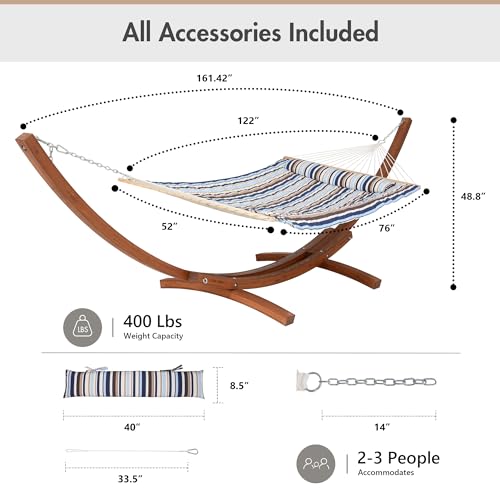 ANOW 13.5FT Curved Wood Stand with Double Hammock, Heavy Duty Larch Wood Arc Stand with 2 Chains, 4 Balance Ropes and 4 Carabiners, Includes Blue Seaside Rope Hammock with Spreader Bars - color: Blue Seaside