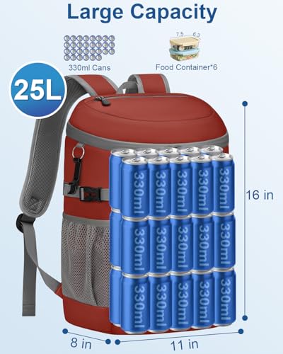 Pritent Cooler Backpack Insulated Waterproof,30/45 Cans Backpack Coolers Leakproof Lunch Backpack for Men Women Portable Soft Cooler Bag for Beach Camping Trave Picnic - color: leather red, size: 30 Cans