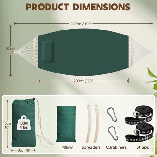 Chihee Cotton Hammock Holds Up to 660lbs Fabric Hammock 8.9x4.9ft Soft Portable Tree Hammocks Camping with Detachable Spreader Bar Pillow 2 Strong Webbings 2 Carabiners Indoor Outdoor Backyard Garden - color: Dark Green, size: 270x150cm