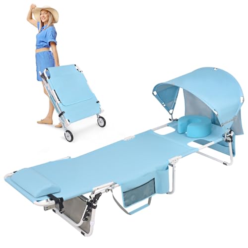 Wheel-To-Go Oversized Tanning Chair with Face Hole & Wheels | Portable Heavy Duty Folding Lounge Chair | Outside Sunbathing Reading Relaxing Beach Poolside Lawn | XL Wide | 330 LBS (Patent Design) - color: Light Blue, style: Oversized + Sun Canopy Style