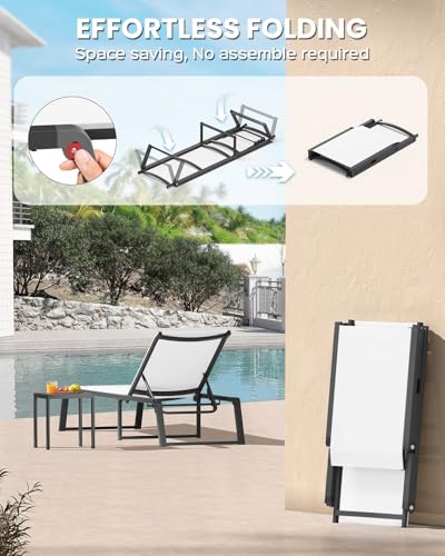 Aluminum Chaise Lounge Chair Outdoor, Foldable& No Assembly Patio Pool Lounge Chairs 5-Position Recliner for Outside, Fully Grounded Legs Sun Lounger for Poolside, Bright White - color: Bright White, size: 1