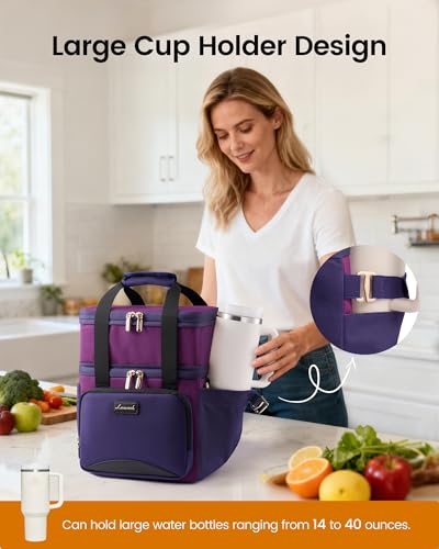 LOVEVOOK Insulated Lunch Bag For Women Men,Expandable Double Deck Lunch Box With Large Cup Holder,Leakproof Cooler Bag For Adult Lunch Tote Bag Work Picnic Beach with Adjustable Shoulder Strap Gift - color: Dark Brown Contrasting Color, size: Large —15l