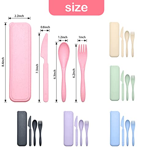 Reusable Travel Utensils Set with Case, 6 Sets Wheat Straw Portable Knife Fork Spoons Cutlery, Eco-Friendly BPA Free Plastic Tableware for Kids Adults Travel Picnic Camping Utensils - color: 6 Sets - Multiple Colors