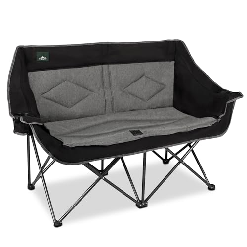 Northroad Folding Loveseat Camping Chair Portable Double Duo Full Padded Garden Chair for 2 Person Sofa w/ 2 Cup Holder,Wine Glass Holder,Mesh Storage,Support 500lbs for Picnic Beach Travel - color: Black&grey