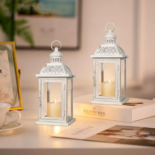 Lantern Decorative Indoor&Outdoor, 2 Pack 14.4'' Large Metal Candle Lanterns, Vintage Hanging Candle Holders for Farmhouse Wedding Front Porch Patio, Halloween Christmas Decorations for Home - color: Begie / 14.4’’h + 14.4''h