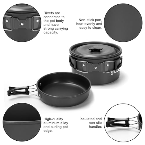 Odoland 15pcs Camping Cookware Mess Kit, Non-Stick Lightweight Pot Pan Kettle Set with Stainless Steel Cups Plates Forks Knives Spoons for Camping, Backpacking, Outdoor Cooking and Picnic - style: Black