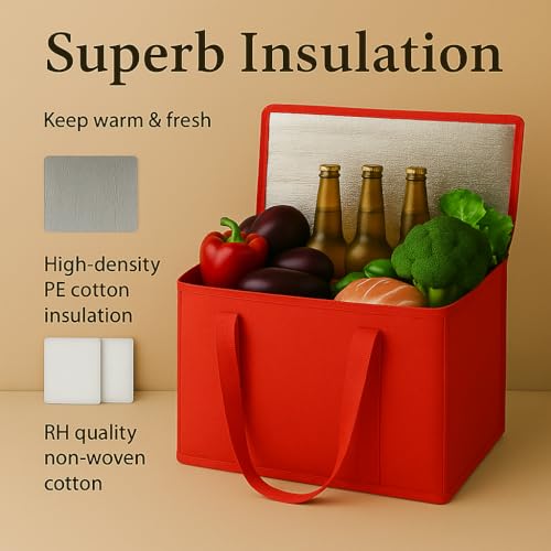 musbus 2-Pack XL-Large Insulated Grocery Shopping Bags, Red, Reusable, Heavy Duty, Zipped Zipper,Collapsible,Tote,Cooler,Groceries,for car,Recycled Material Warm Foldable Bag… - color: Red-B, size: X-large（16w X 12.5h X 9d）