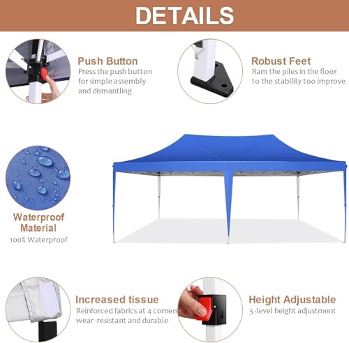 COBIZI 10x20 Pop Up Canopy with 6 Sidewalls,10x20 Canopy Tent Frame Upgraded with 3 Adjustable Heights,Waterproof UV50+ Outdoor Party Commercial Ez Up Gazebos with Carry Bag(10 x 20 ft Blue) - color: Blue, size: 10x20ft(With 6 Sidewalls)
