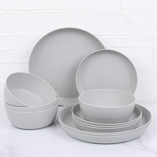 EI 12pcs Wheat Straw Dinnerware Set of 4,Plastic Plates Reuasble Unbreakable,Plastic Plates and Bowls Sets for Camping,Picninc,Family Dinner - color: Grey Wheat Straw Plates and Bowls