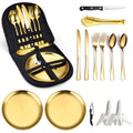 Camping Silverware Kit Cutlery Organizer Utensil Picnic Set Stainless Steel Plate Spoon Clip and Serrated Knife Wine Opener Fork Napkin Hiking - Camp Kitchen BBQ’s - color: Camping Silverware Set-13set-Gold