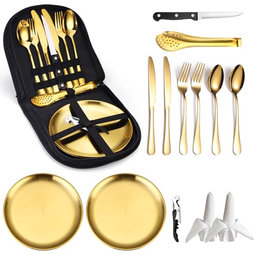 Camping Silverware Kit Cutlery Organizer Utensil Picnic Set Stainless Steel Plate Spoon Clip and Serrated Knife Wine Opener Fork Napkin Hiking - Camp Kitchen BBQ’s - color: Camping Silverware Set-13set-Gold