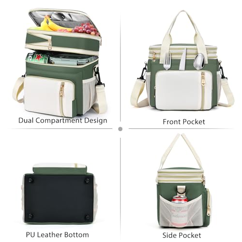 Lunch Box & Lunch Bag for Women Men, Large Insulated Adult Lunch Box Leakproof Lunchbox Cooler Bag for Work Picnic Beach,16L, Army Green & White - color: Army Green
