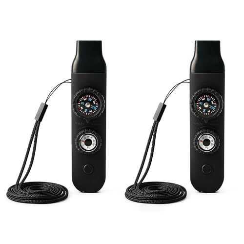 Multifunctional Survival Emergency Whistle for Kids with Compass Hiking Survival, Thermometer & Neck Lanyard | Emergency Safety Gear for Hiking, Camping, Kayaking, Boating, Climbing - color: obsidian black2pcs