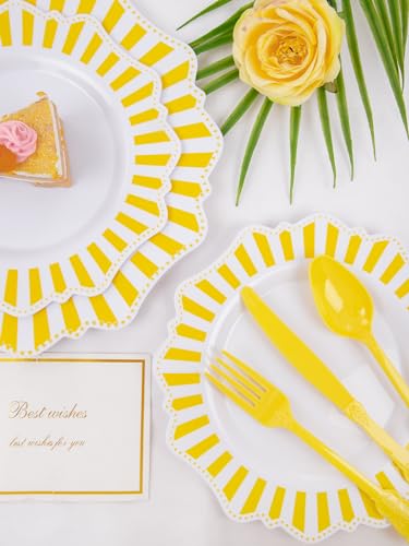COLOSUS 150pcs Disposable White Lemon Yellow Striped Plastic Party Plates and Silverware set, Yellow Dinner/Dessert Plates silverware 30guests for Easter Birthday Weeding Party and Daily use. - color: white+yellow