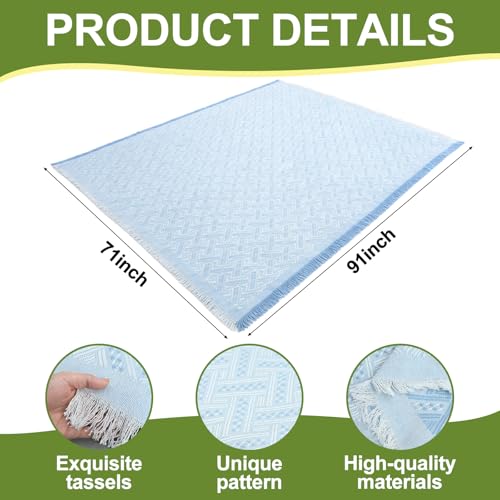 Hahafelt Extra Large Outdoor Picnic Blanket Oversize Beach Woven Cotton Yarn Blanket with Fringe Machine Washable Sandproof Portable for Spring Summer Camping Beach Park(Blue) - color: Blue