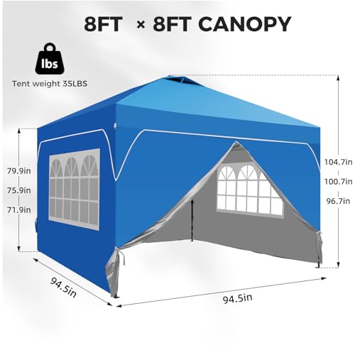8x8 FT Pop Up Canopy with 1-Button Push, 4 Removable Sidewalls, Sandbags, Instant Canopy Tent for Outdoor Events - color: Blue, size: 8x8 with Sidewalls