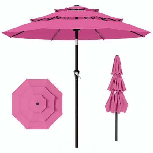 AreShark 9ft 3-Tier Patio Umbrellas, Outdoor Umbrella with 8 Sturdy Ribs UV Protection Windproof, Market Table Umbrella w/Push Button Tilt & Crank for Pool, Porch, Deck, Garden(Rose Pink) - color: Rose Pink
