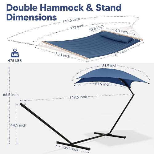 SUNCREAT Hammocks for Outside with Stand, Sunshade, Porch Hammock and Stand, 475 lbs Capacity, Patent Pending, Navy - color: Navy