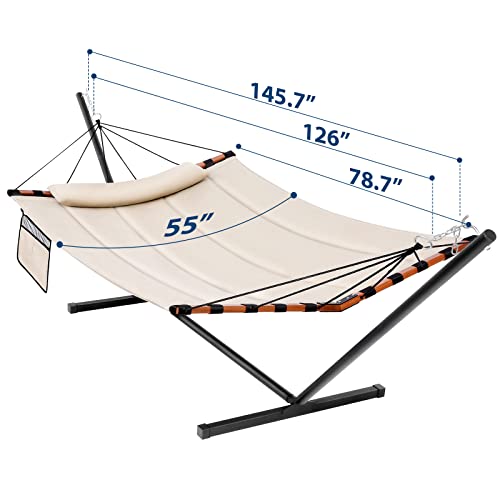 TegerDeger 12FT 2 Person Hammock with Stand Included 55 x 79IN Large Hammock 450LB Capacity with Hardwood Spreader Bar & Nylon Rope for Outside, Patio, Garden, Backyard, Beach, Poolside - Beige - color: Beige