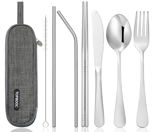 Travel Stainless Steel Utensils Set with Case – 8-Piece Reusable Flatware Kit Includes Fork, Knife, Spoon, Chopsticks, Straws, Brush & Bag – Portable Cutlery for Camping, Work, Picnic (Silver) - color: Silver