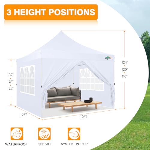 COBIZI 10x10 Pop Up Canopy with 4 Sidewalls, Canopy Tent 10x10 for Parties, Backyard, Commercial, Waterproof and Portable Instant Shelter UV50+ Outdoor Gazebo with 4 Sandbags(Pure White) - color: Pure White, size: 10x10FT